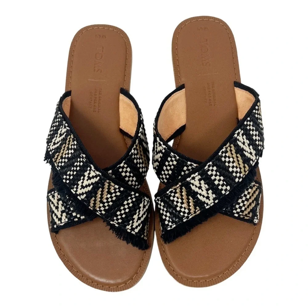 Toms Woven Geometric Slide Sandal Boho Fringe Checker Abstract Dot Sze 6.5